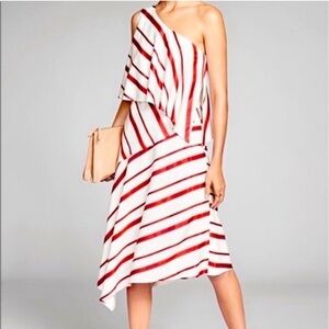 💕 Banana Republic ONE-SHOULDER ASYMMETRICAL DRESS red white stripes size 4